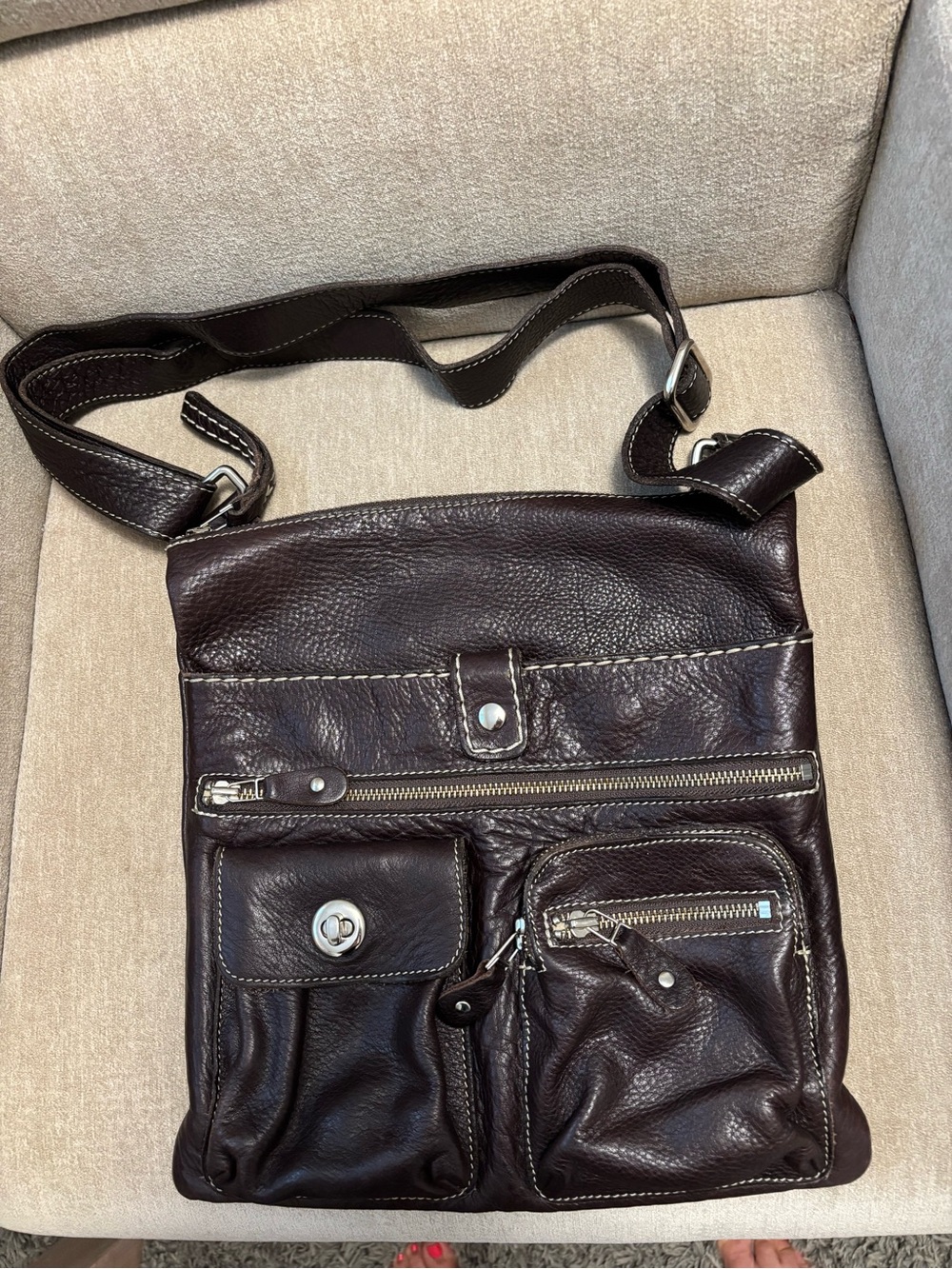Roots Dark Brown Leather Crossbody Bag with Multiple Pockets